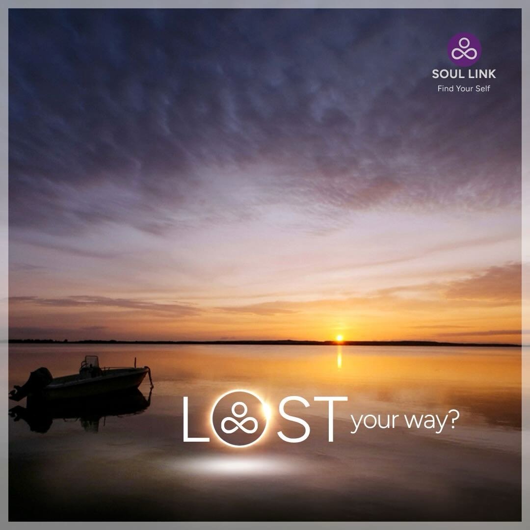 Calm lake at sunset with a small boat floating, colorful sky with clouds, and the text 'Lost your way?' with the Soul Link logo in the top right corner.
